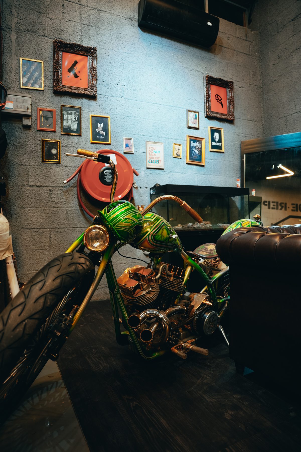 Custom green bike fabrication and detail work