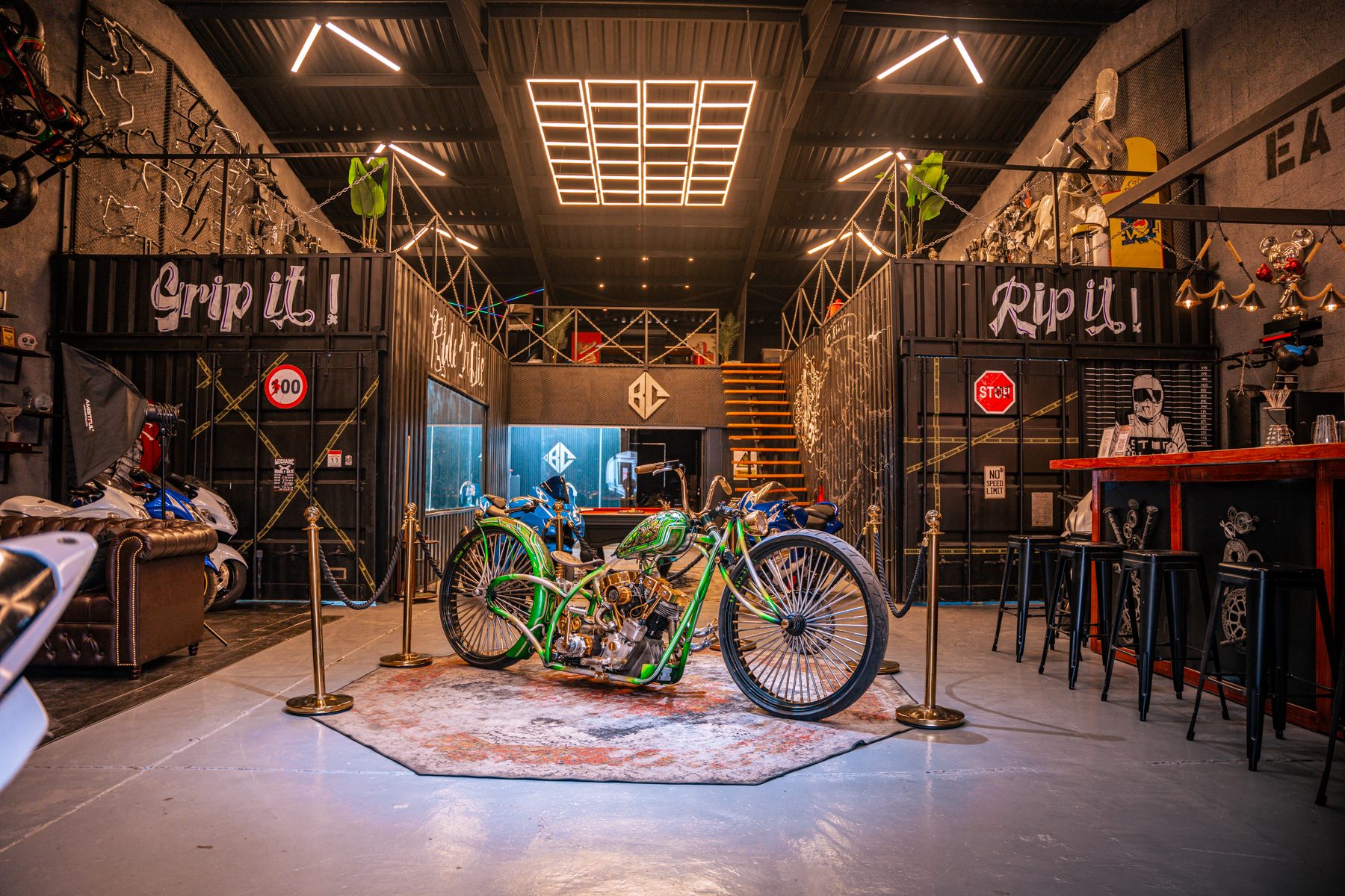 Custom show bike inside The Biker's Cave workshop