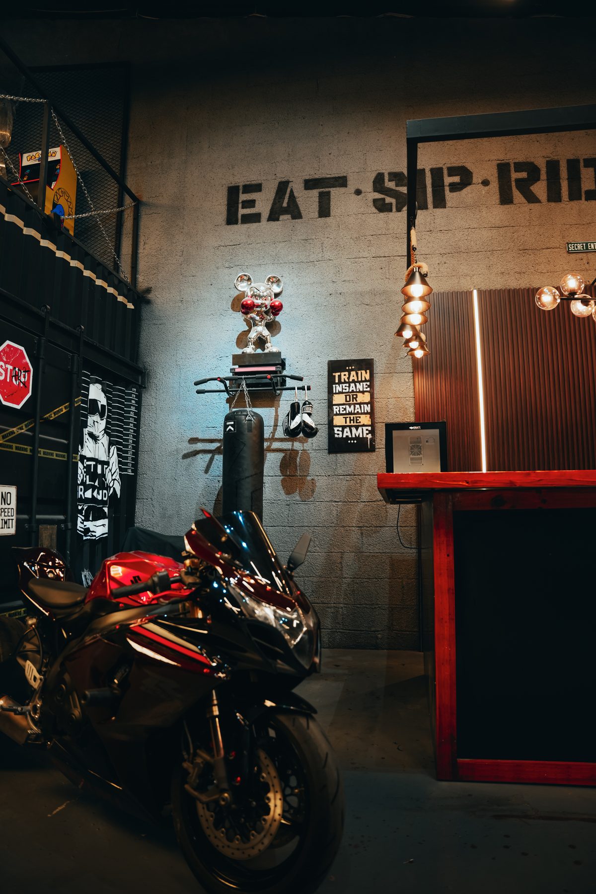 Black custom bike near The Biker's Cave reception counter