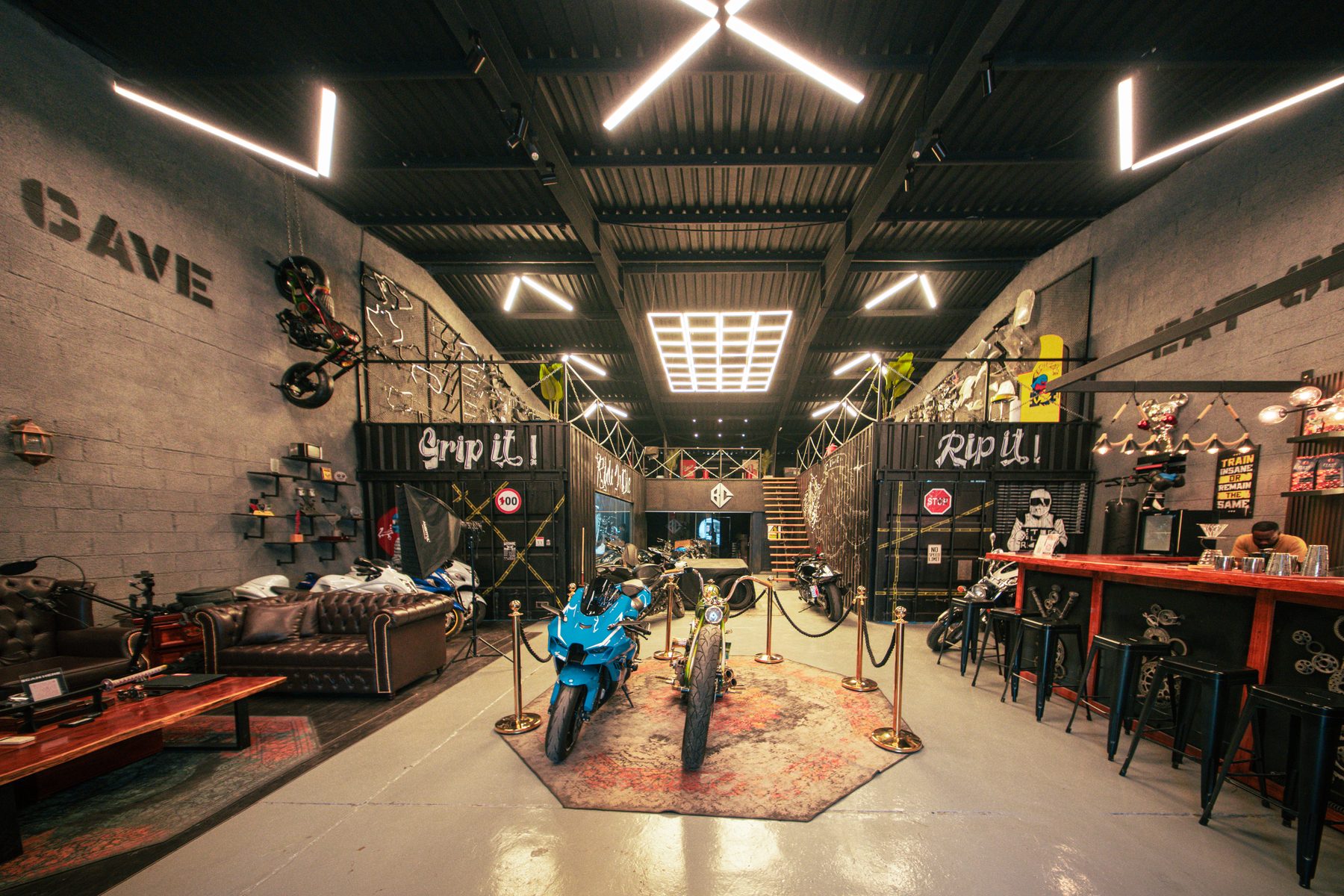 The Biker's Cave lounge and workshop floor