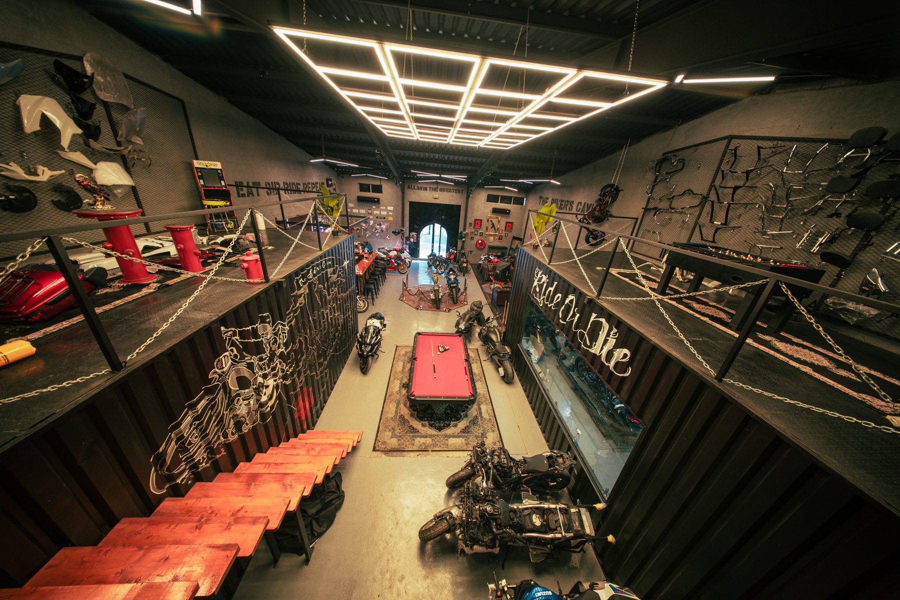 Overhead view of The Biker's Cave workshop